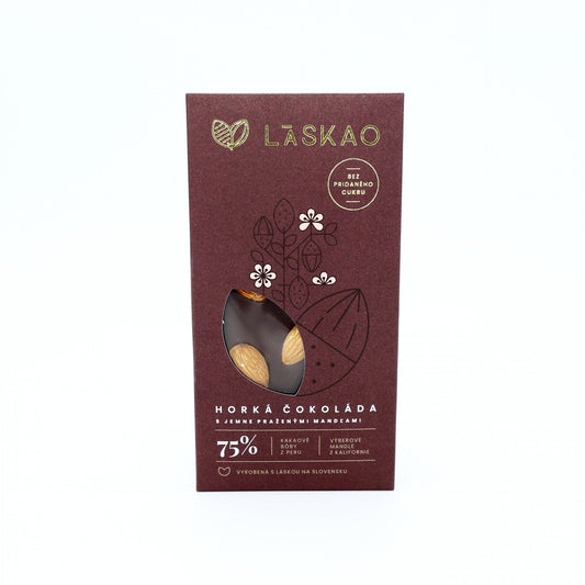 75% horká čokoláda s mandľami 80g.