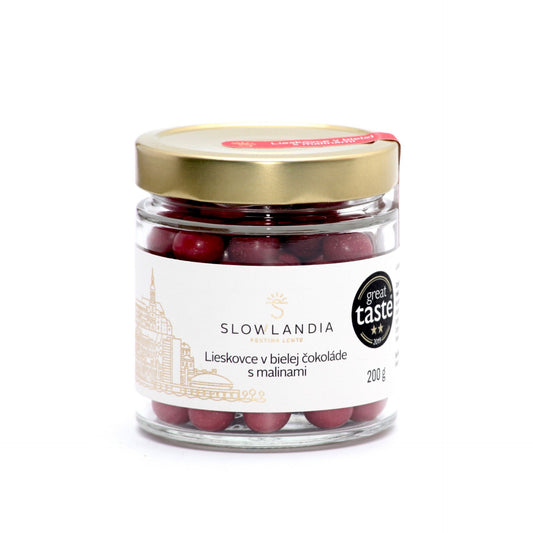 Lieskovce v bielej čokol. s malinami200g.